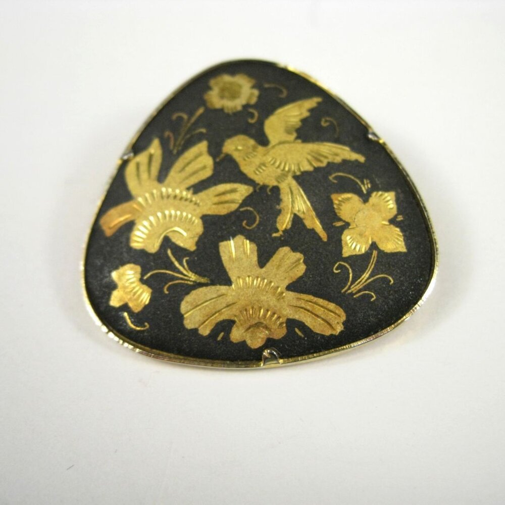 Vintage Gold Tone Damascene Bird Floral Brooch Pin Toledo Pin Black Enamel